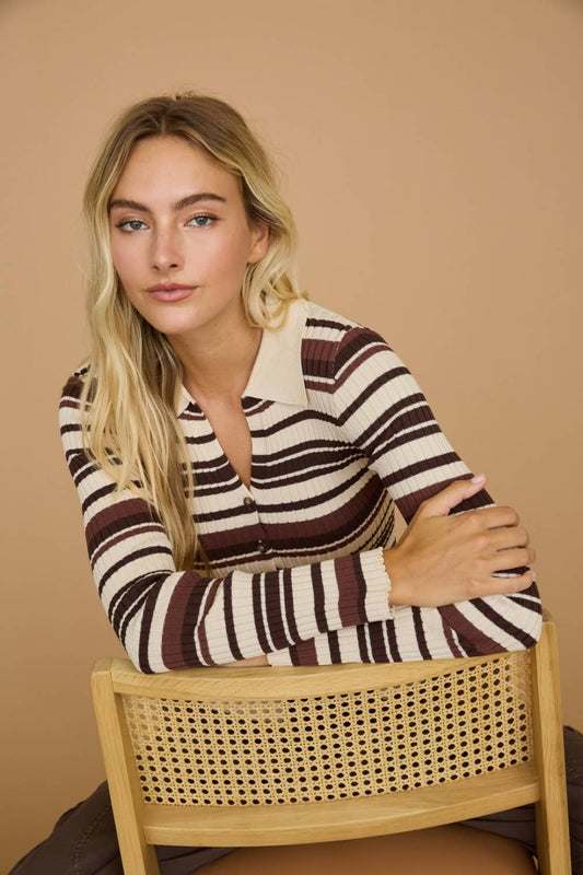 Striped Ribbed Polo Collar Button Knit Top - Dottie Dottie