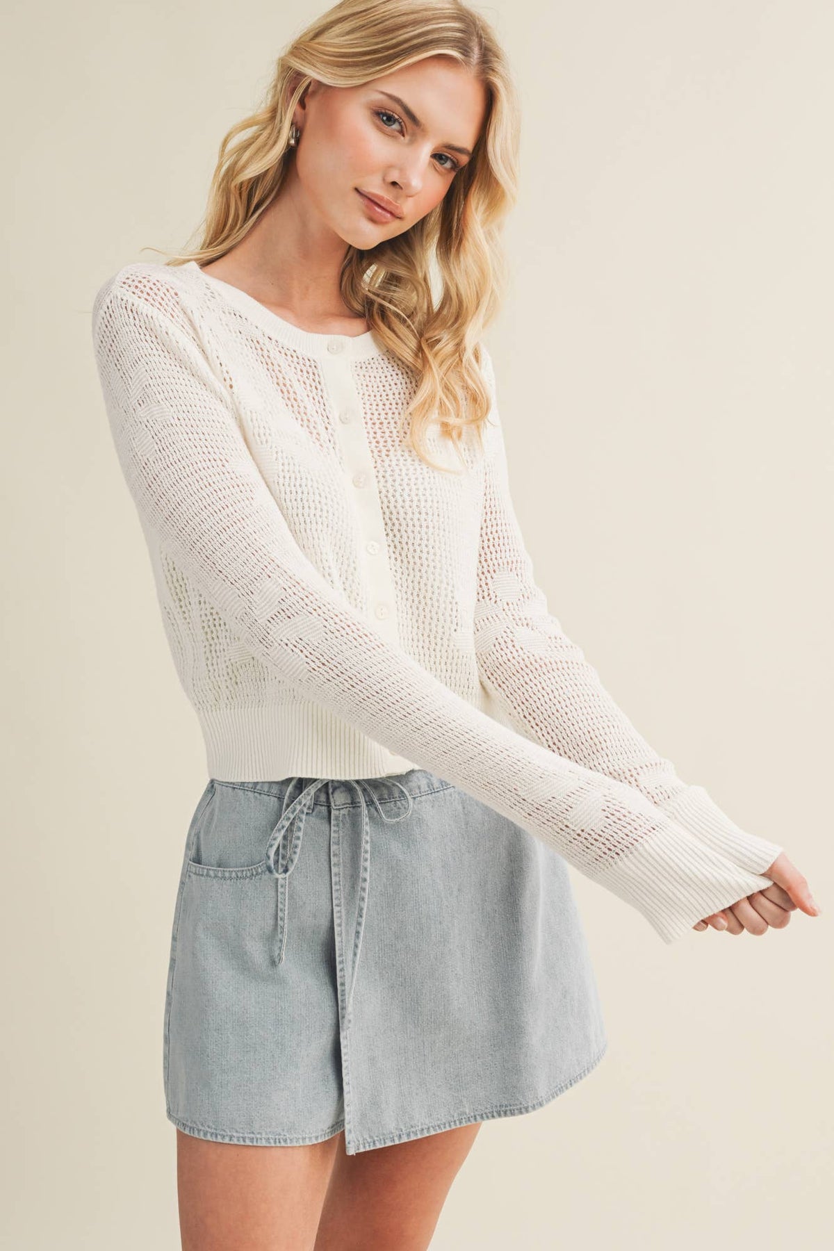 Mustard Seed - Botanical Trellis Pointelle Knit Cardigan