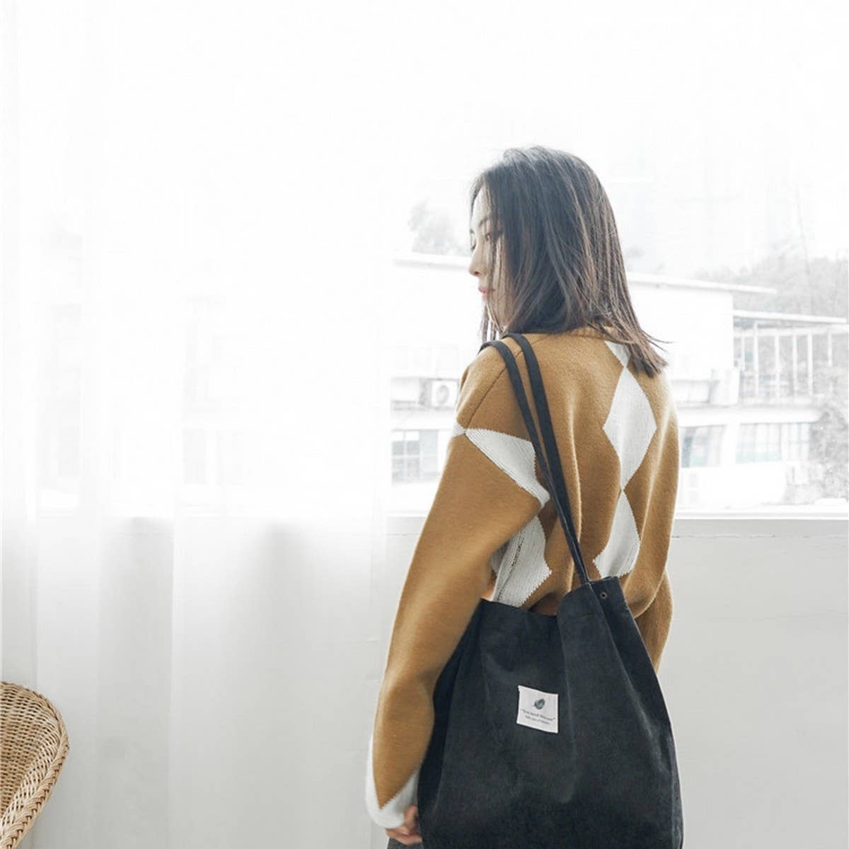 CORDUROY SNAP-BUTTON LARGE-CAPACITY SHOULDER BAG - NINEXIS