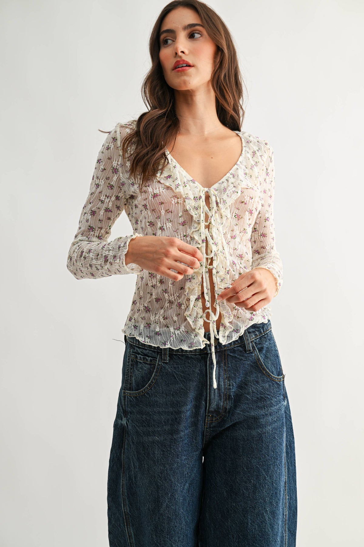 Sheer Floral Lace Long Sleeve Blouse - Camellia