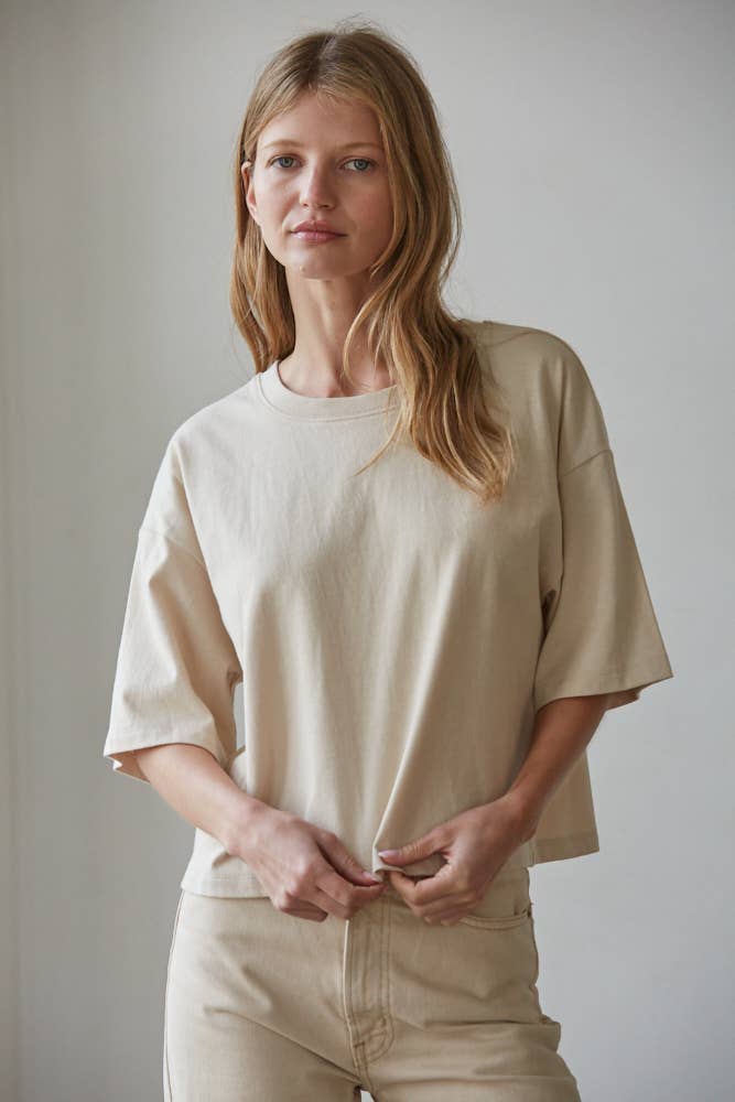 By Together - L8688 | Knit Cotton Crew Neck Drop Shoulder Short Sleeve Top