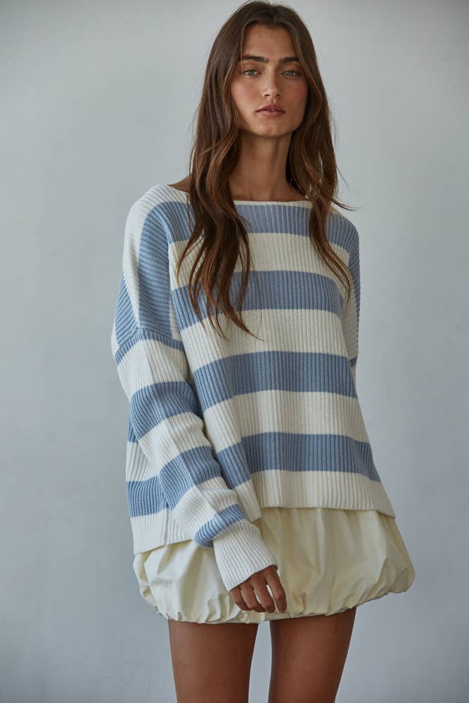 W2295 | Knit Sweater Striped Cotton Boat Neck Long Sleeve