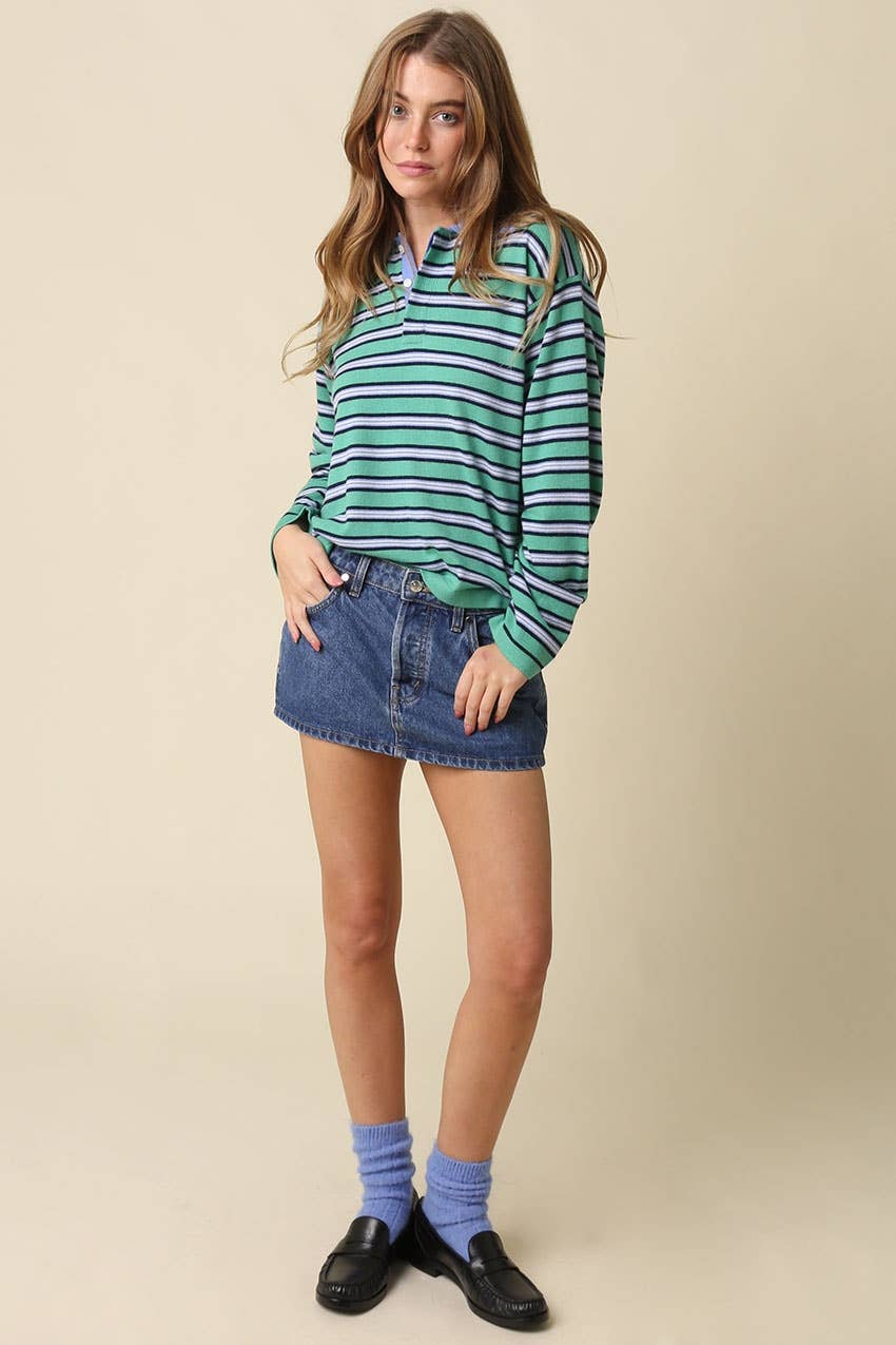 Lena Stripe Collared Knit Top - Olivaceous