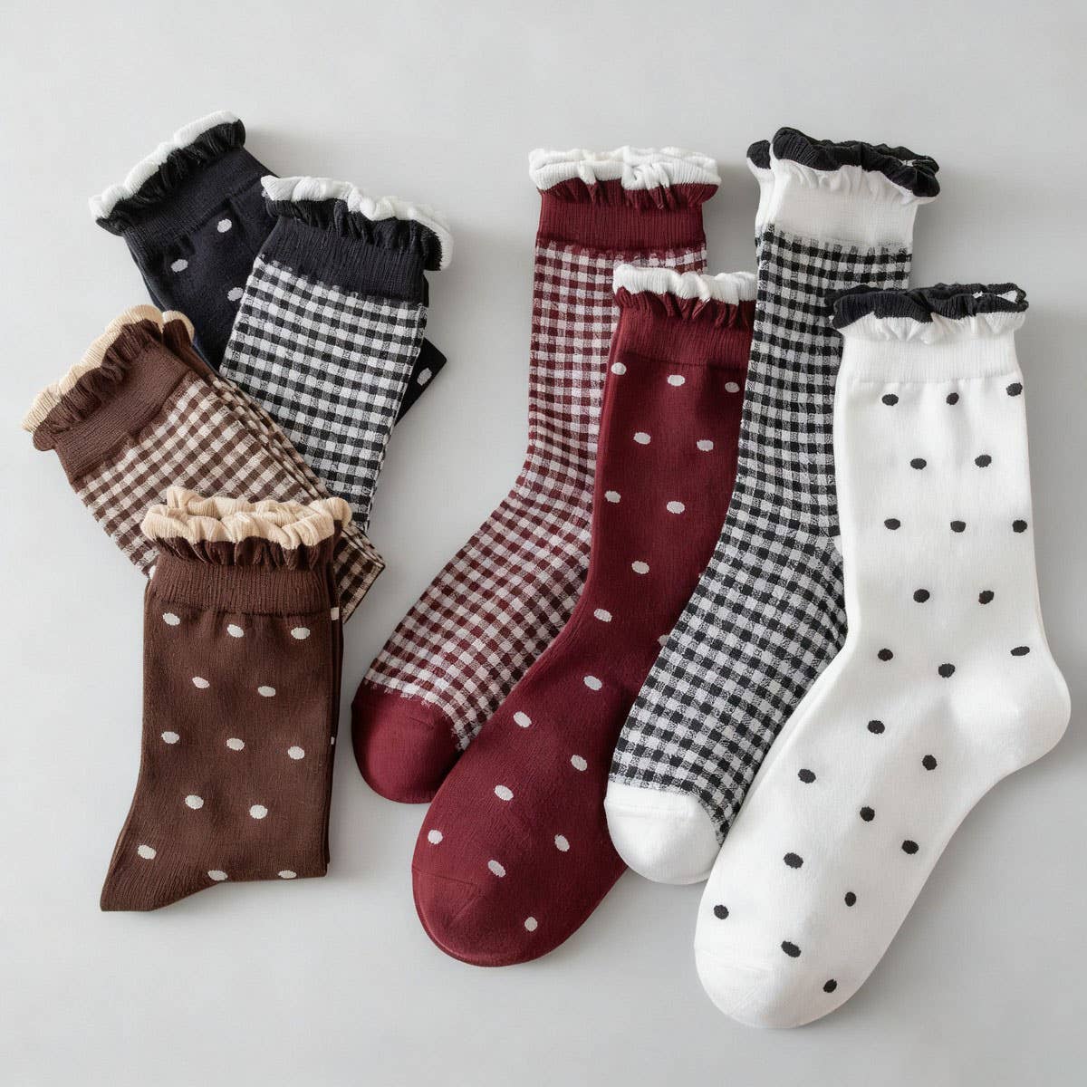WOMEN PLAID DOT RUFFLE SLOUCH CREW SOCKS - NINEXIS