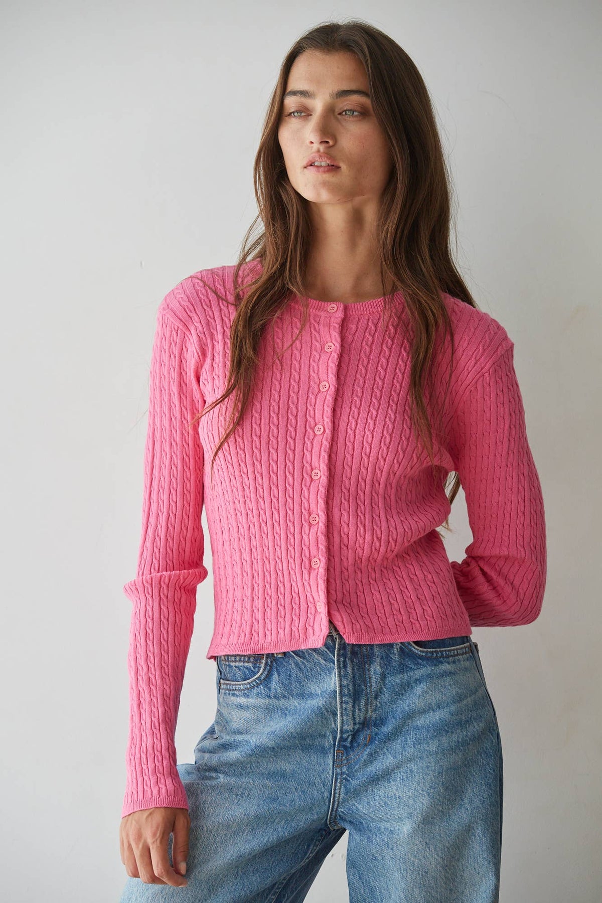 Knit Cable Sweater Cotton Button Down Cardigan Top - By Together