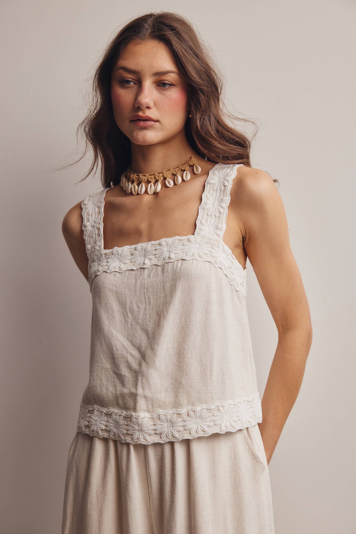 Embroidered Square-Neck Tank & Wide-Leg Pants Set FSET011