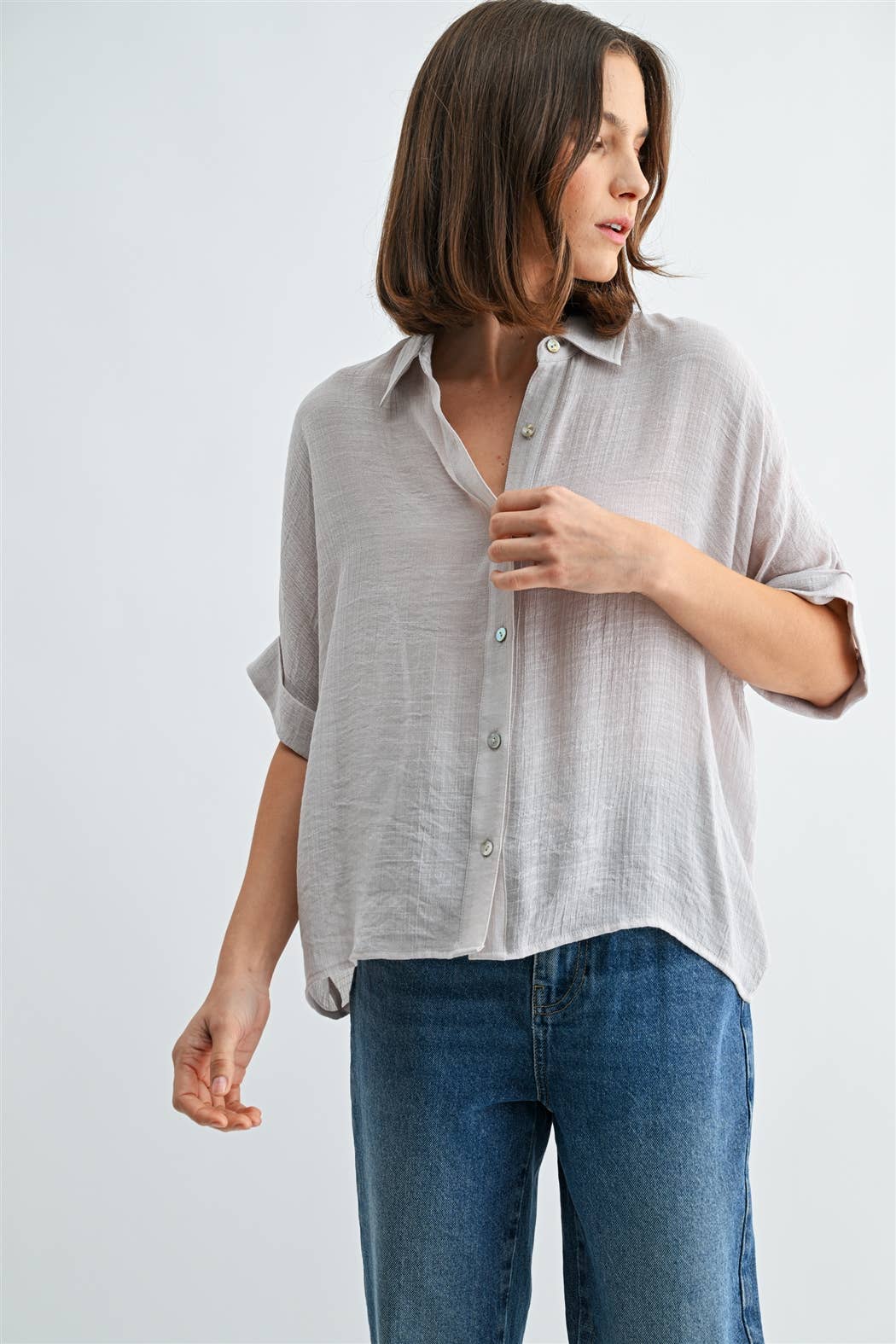 BUTTON DOWN DOLMAN SHORT SLEEVE TOP