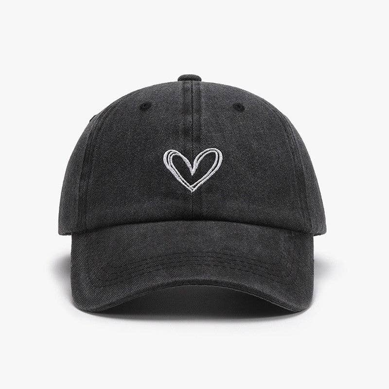 Embroidered Heart Design Washed Cotton Baseball Cap