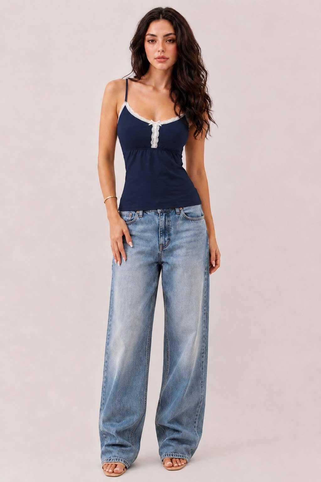 JC57013A - BABYDOLL LACE TRIMMED CAMISOLE WITH BABY BUTTONS
