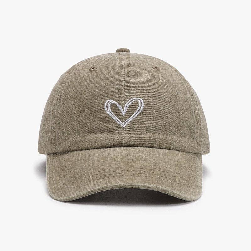 Embroidered Heart Design Washed Cotton Baseball Cap