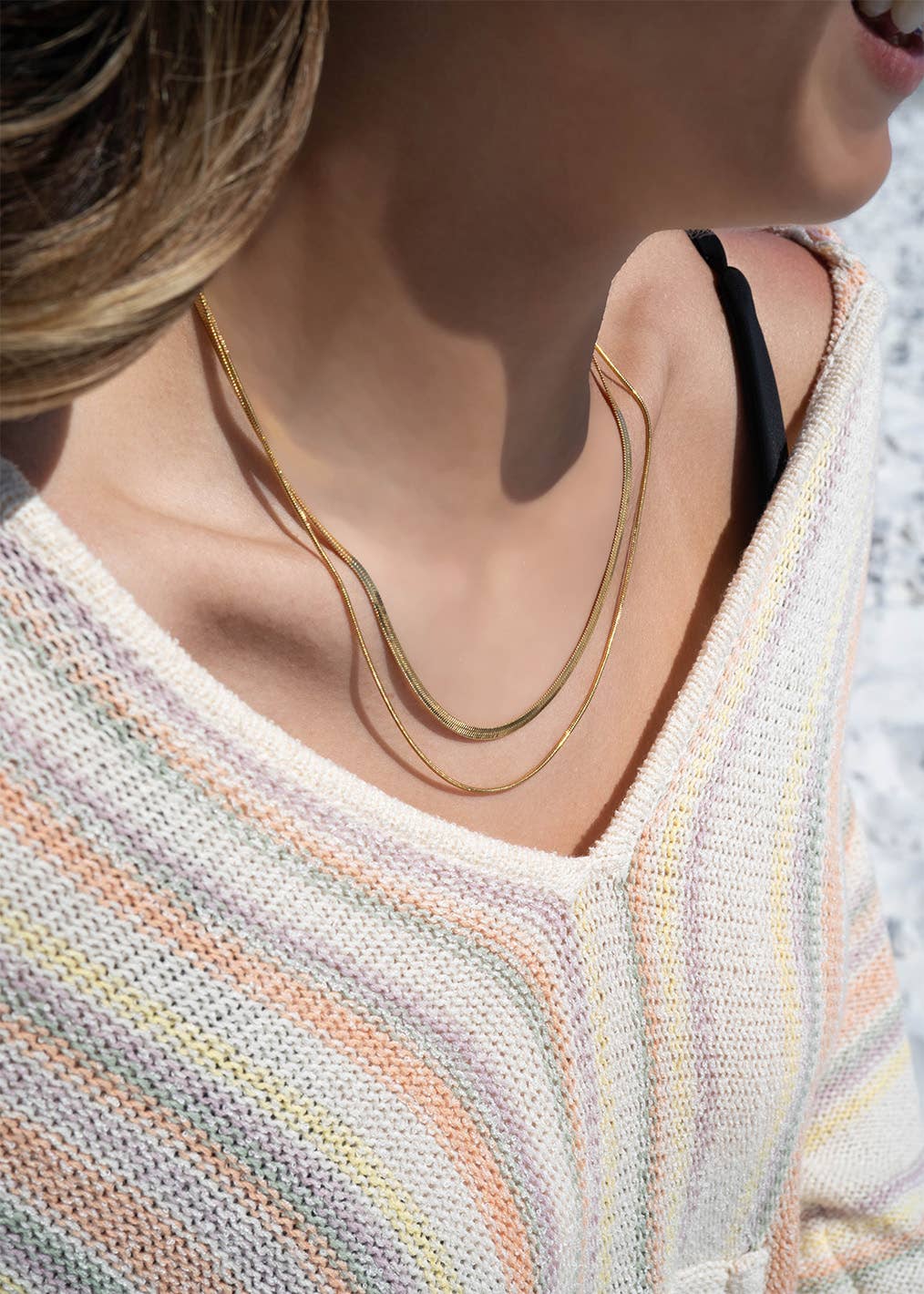 18K Gold PVD Stainless Steel Herringbone and Snake Layered Chain Necklace