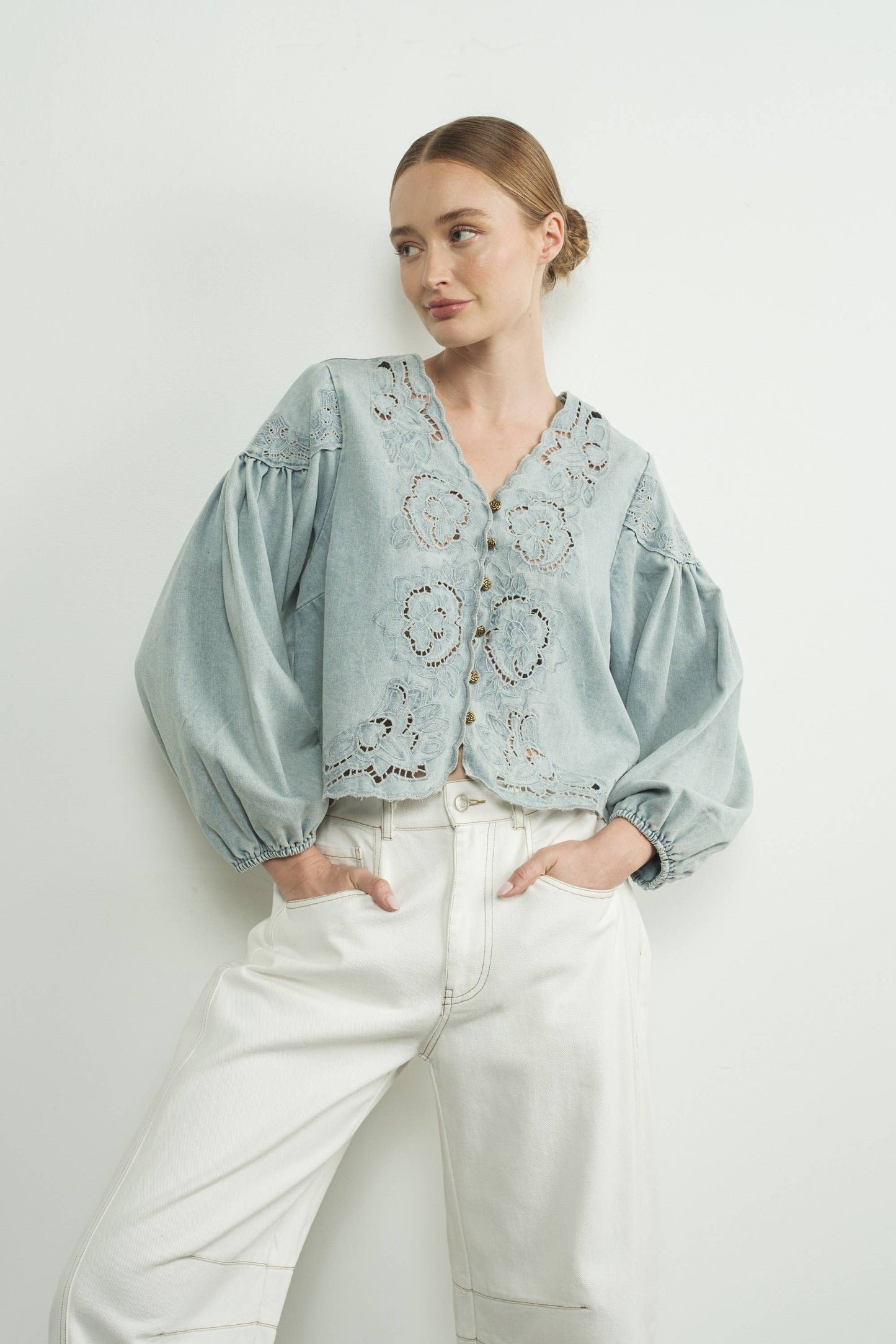 Aaron & Amber - MAT2892 DENIM EMBROIDERY VOLUME SLEEVE BLOUSE TOP