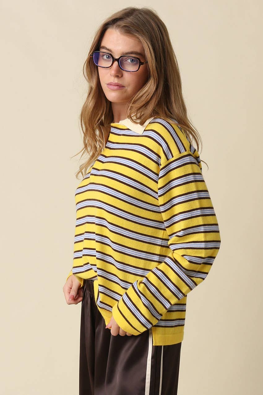 Lena Stripe Collared Knit Top - Olivaceous