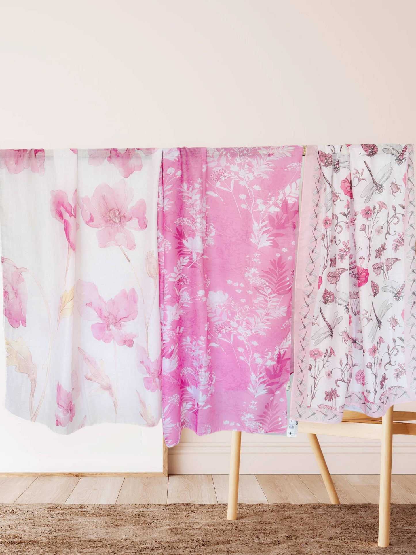 JC Sunny Fashion - JC071195 White-Pink Floral Dragonfly Scarf/Shawl