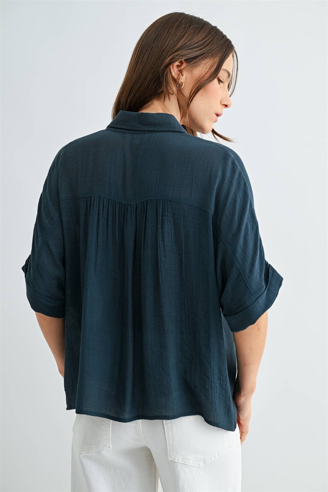 BUTTON DOWN DOLMAN SHORT SLEEVE TOP
