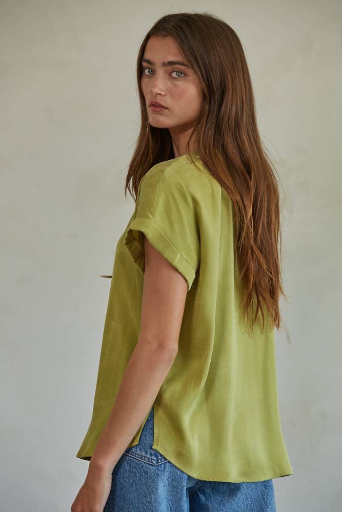 Woven Tencel Rayon Satin V-Neck Short Sleeve Top - By together