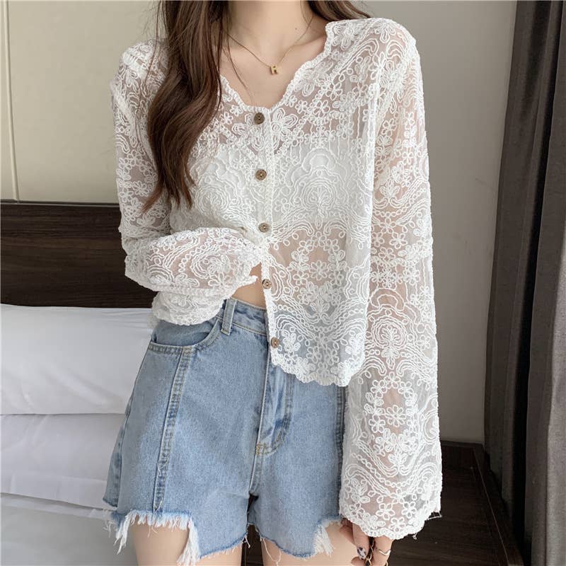 Hope & Sunshine - Crochet Cutout Long Sleeve Lace Mesh Top