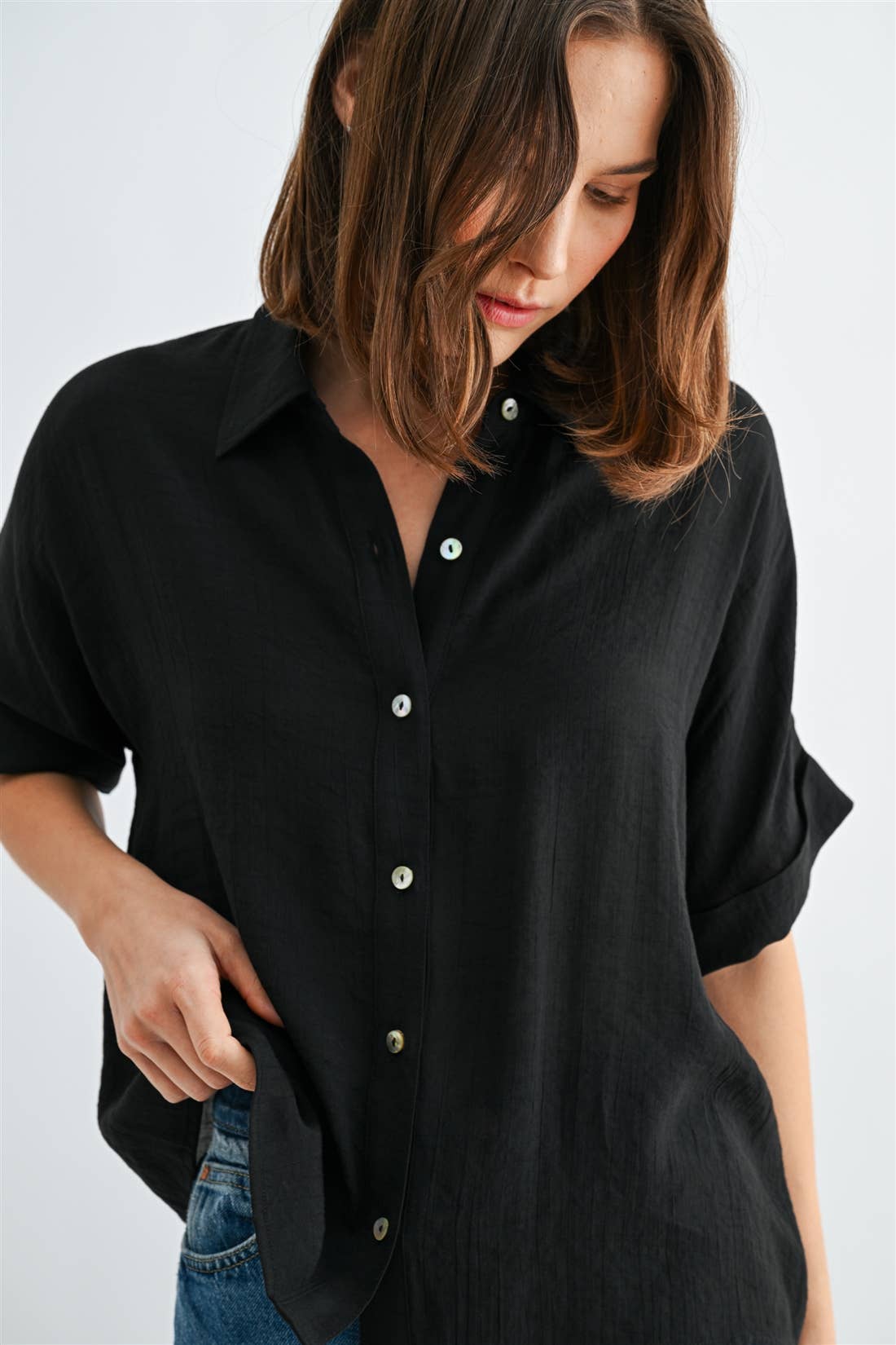 BUTTON DOWN DOLMAN SHORT SLEEVE TOP