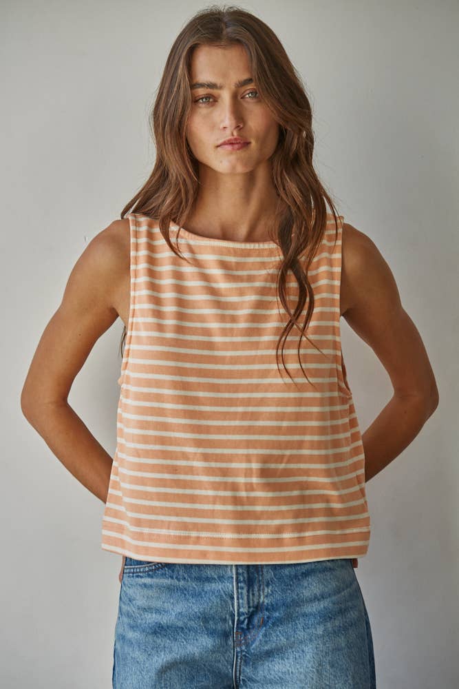 By Together - L9620 | Knit Cotton Striped Round Neck Sleeveless Top