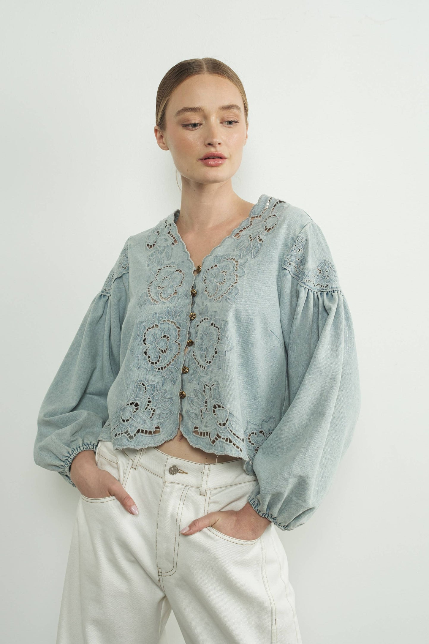 Aaron & Amber - MAT2892 DENIM EMBROIDERY VOLUME SLEEVE BLOUSE TOP