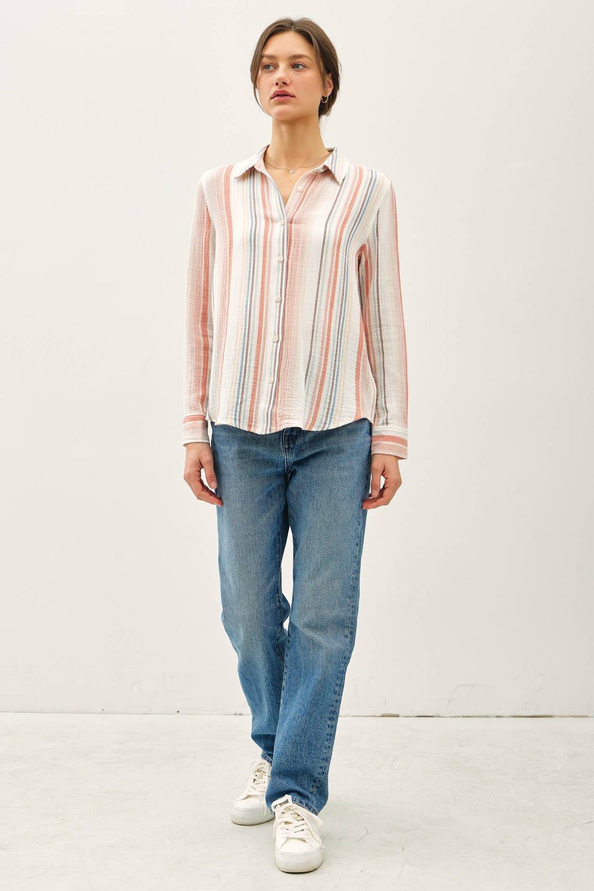 Be Cool - STRIPED GAUZY BUTTON UP TOP W/ ROLL UP SLEEVES