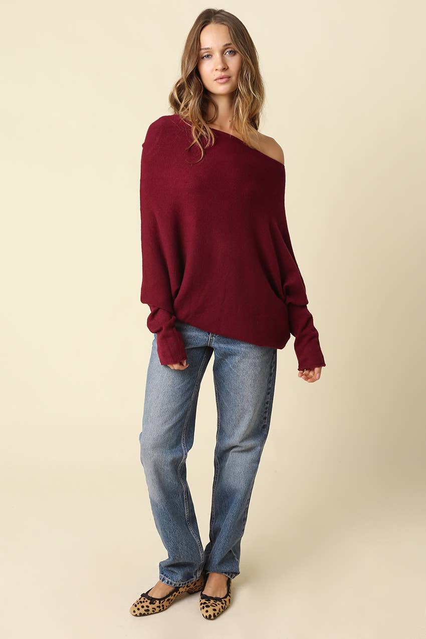 Amar Asymmetric Off-Shoulder Sweater - Olivaceous