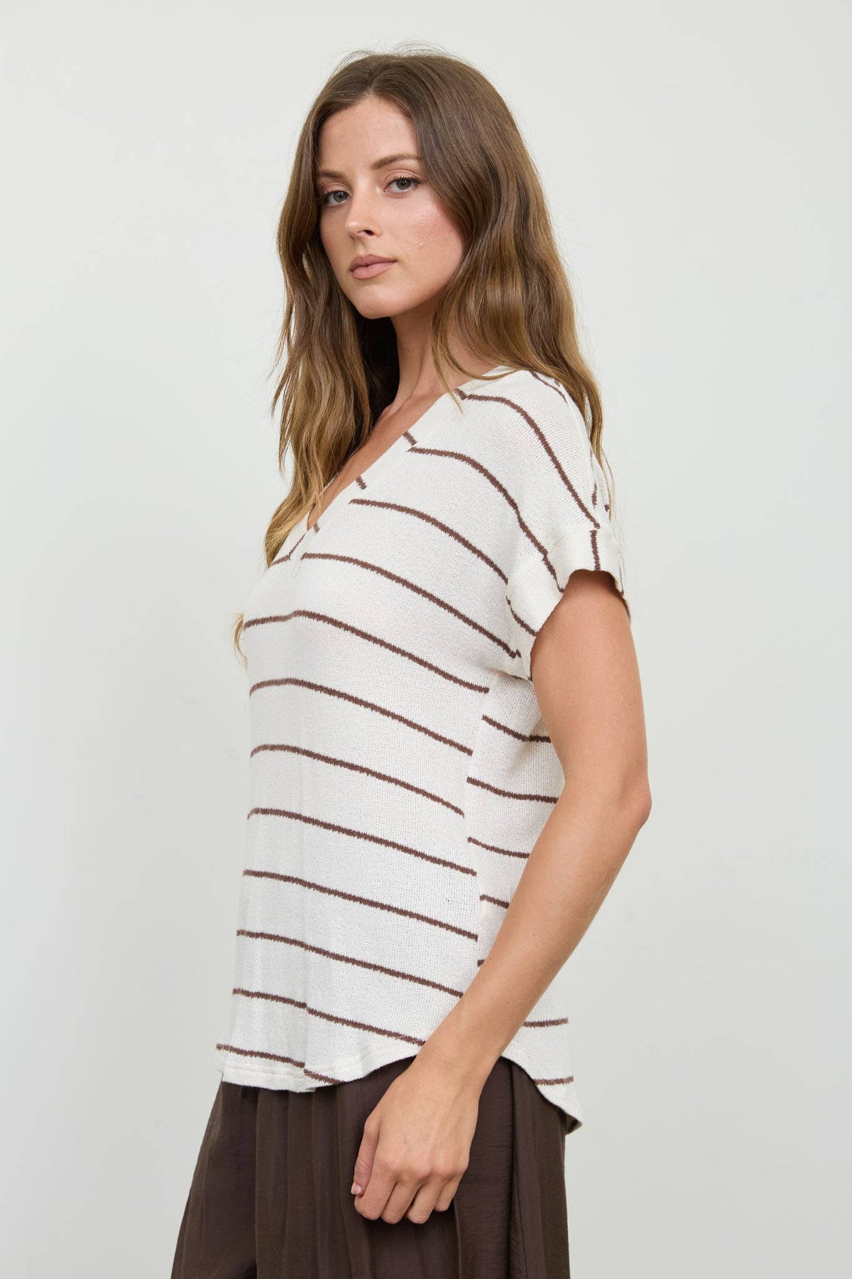 STRIPE V NECK CUFFED SLEEVE KNIT TOP - Blu Pepper