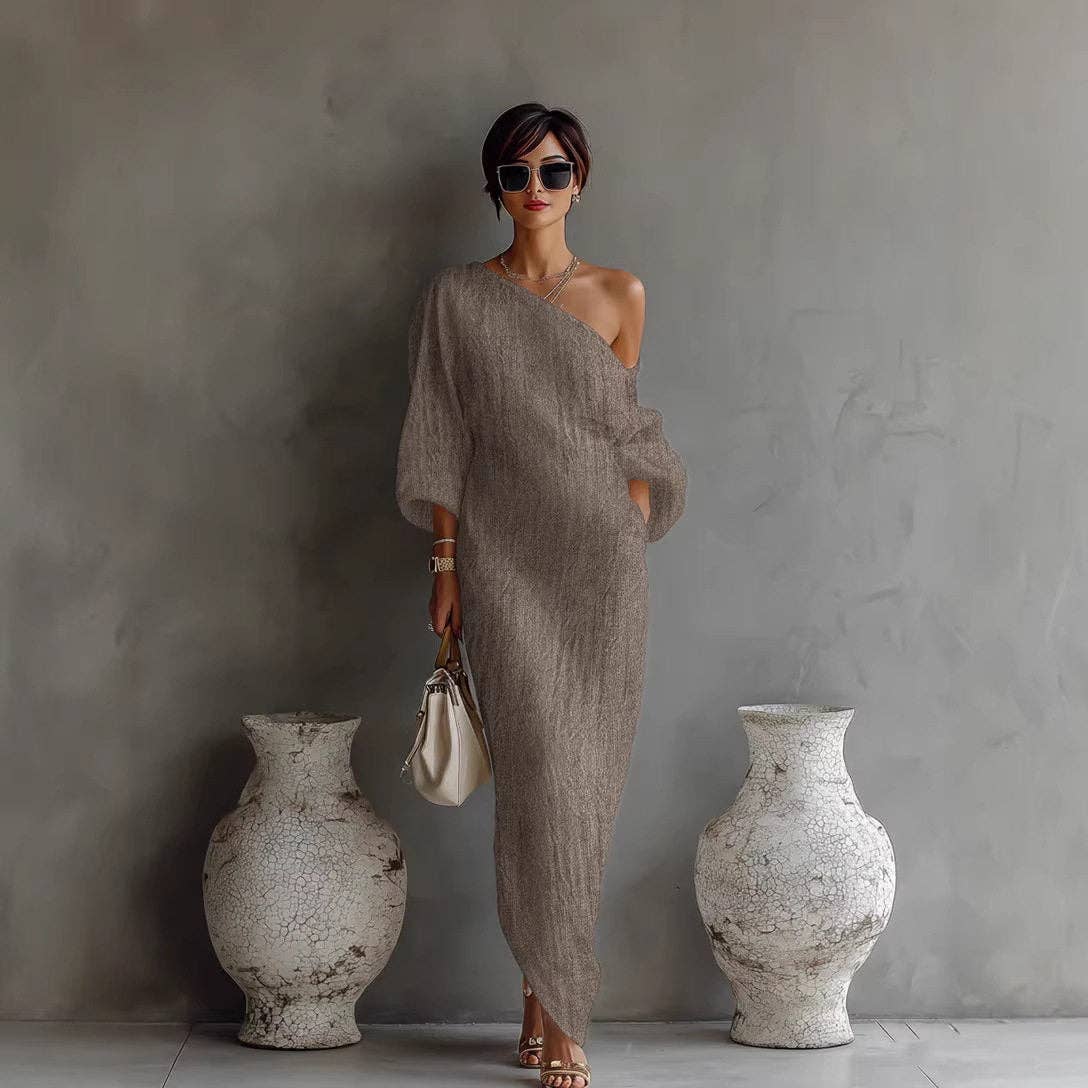 Off Shoulder Long Sleeve Solid Color Dress - UZWS