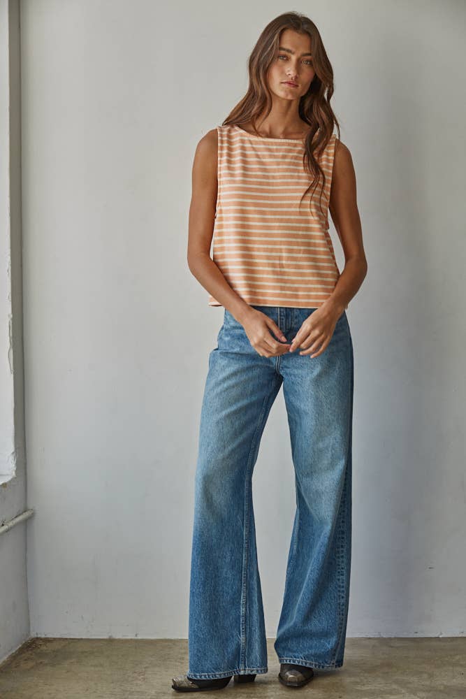 By Together - L9620 | Knit Cotton Striped Round Neck Sleeveless Top