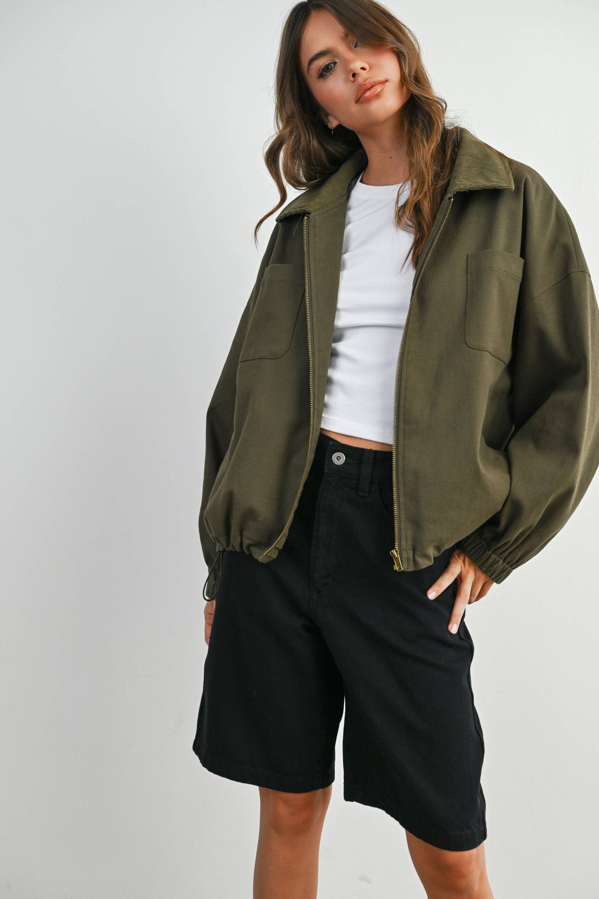 BUTTERMELON - Cord Collar Zip-Front Long Sleeve Jacket - BMJ7780