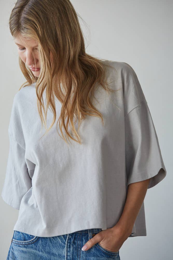 By Together - L8688 | Knit Cotton Crew Neck Drop Shoulder Short Sleeve Top