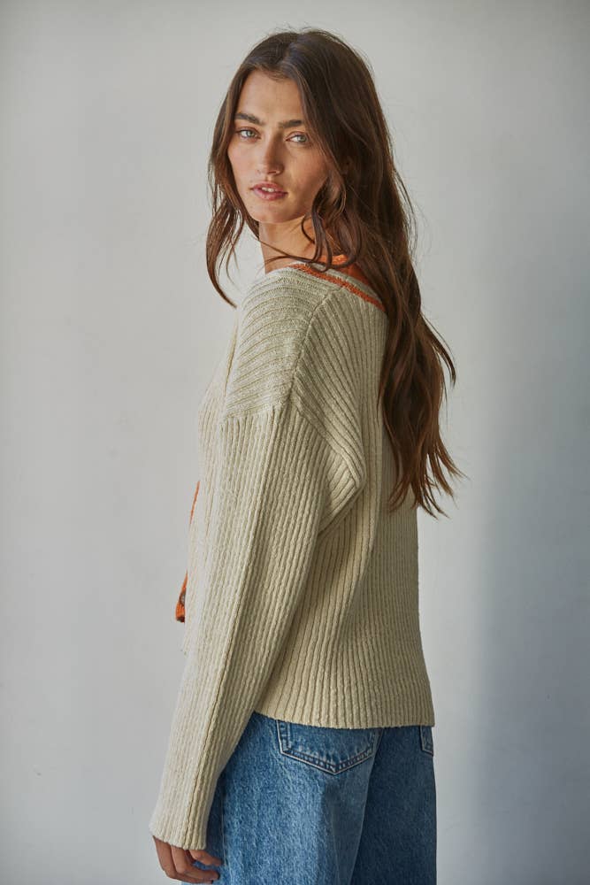 By Together - W2465T2 | Knit Sweater Cardigan with Contrast Detail