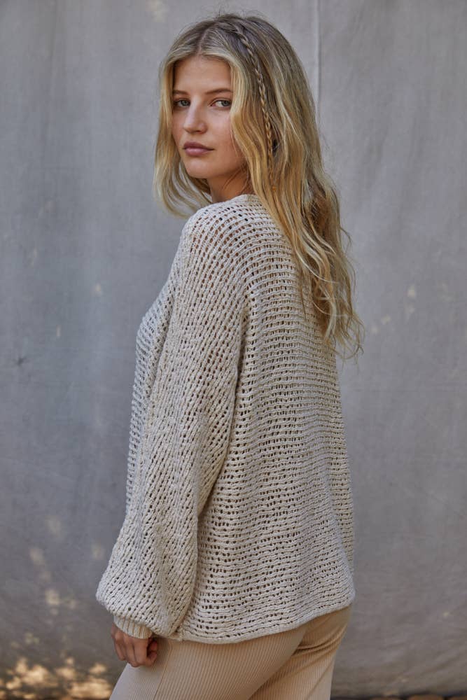 Sweater Knit Crochet Round Neck Long Sleeve Top - By Together