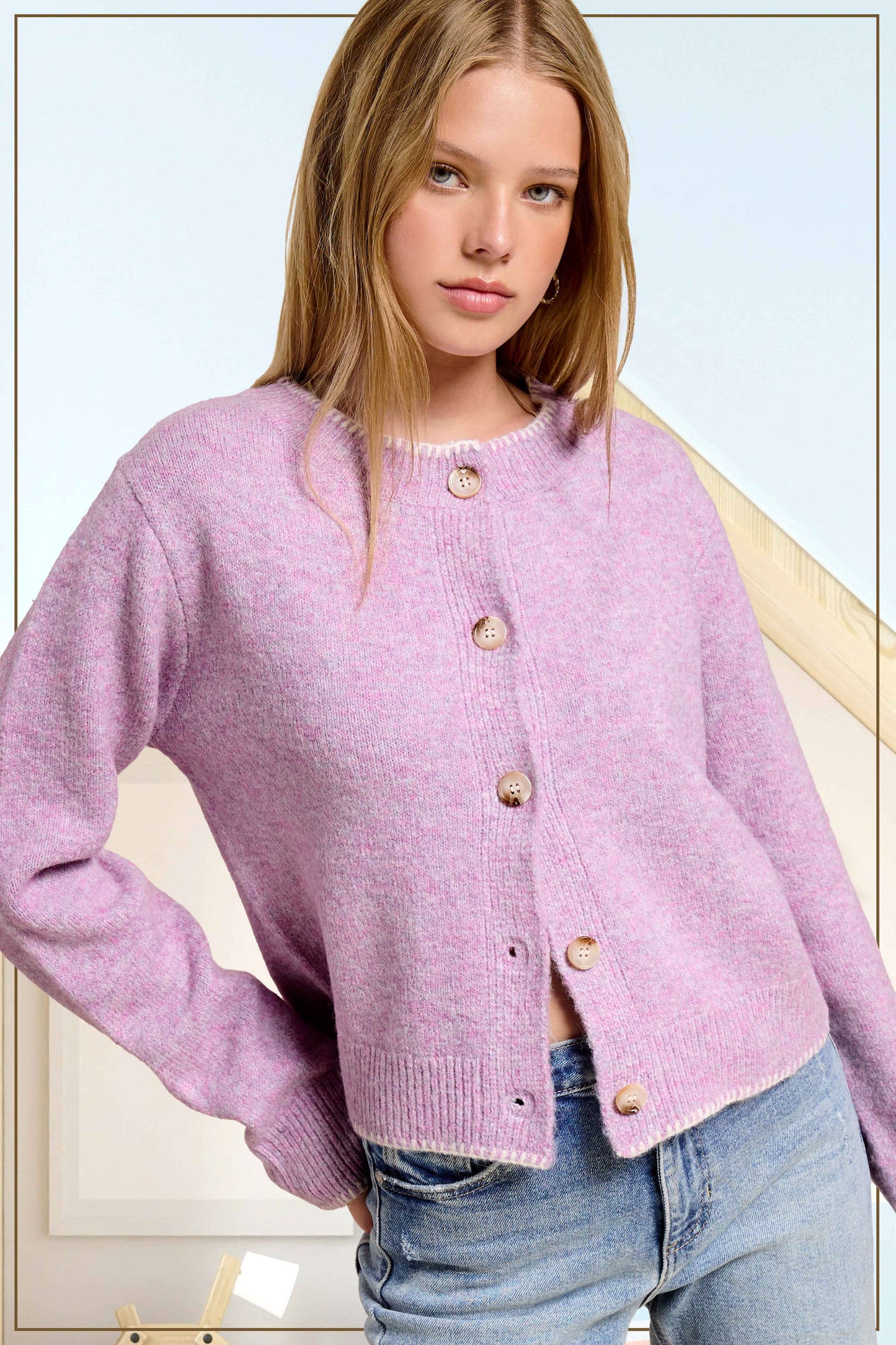 La Miel - MDS3612-Fuzzy Cardigan With Marble Button & Blanket Stitch