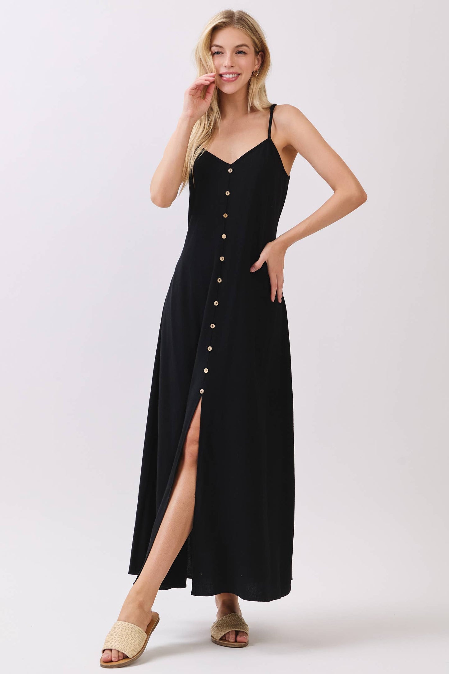 FLOWY DRESS WITH BUTTONED TRIM AND SLIT - VND40209E8
