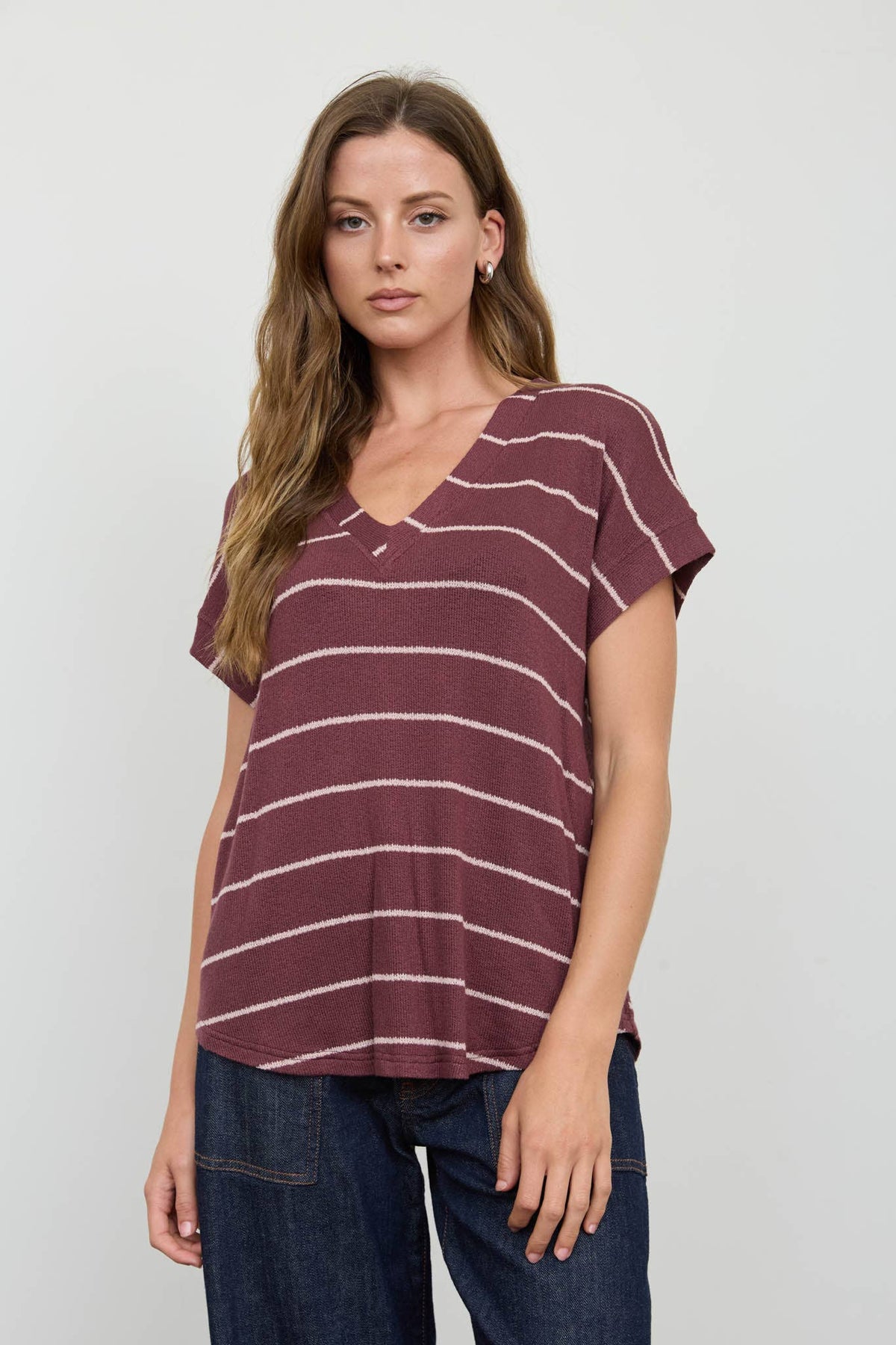 STRIPE V NECK CUFFED SLEEVE KNIT TOP - Blu Pepper