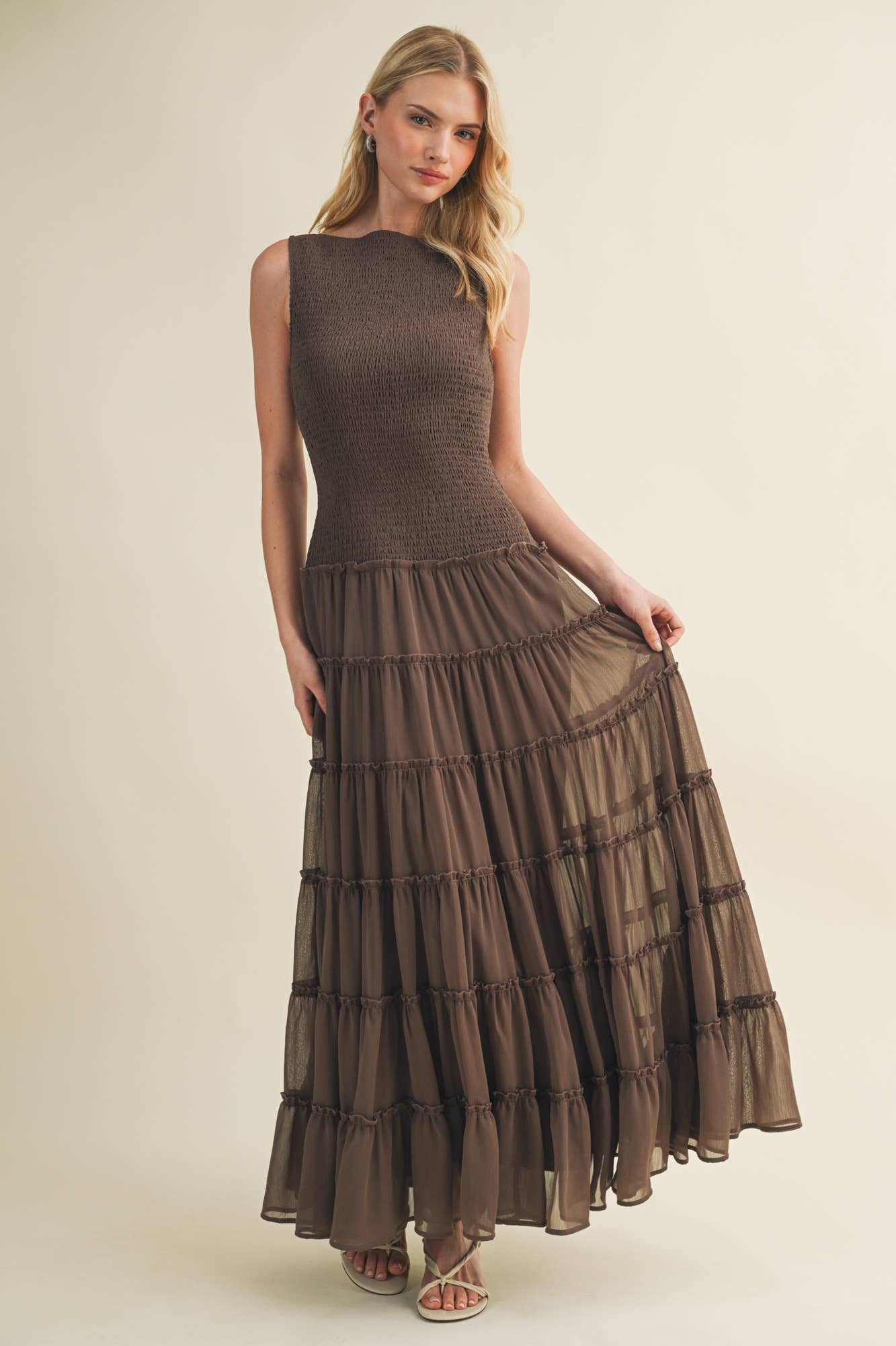 Mustard Seed - Smocked Boat Neck Tiered Maxi Dress