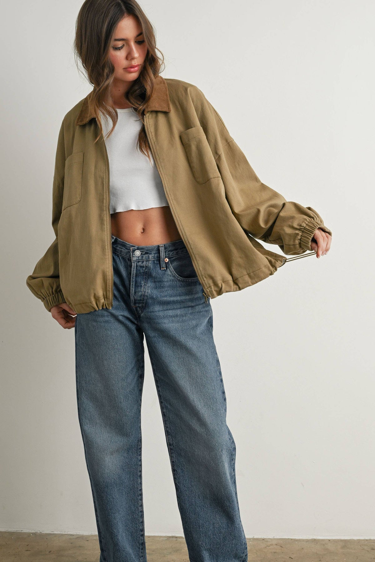BUTTERMELON - Cord Collar Zip-Front Long Sleeve Jacket - BMJ7780