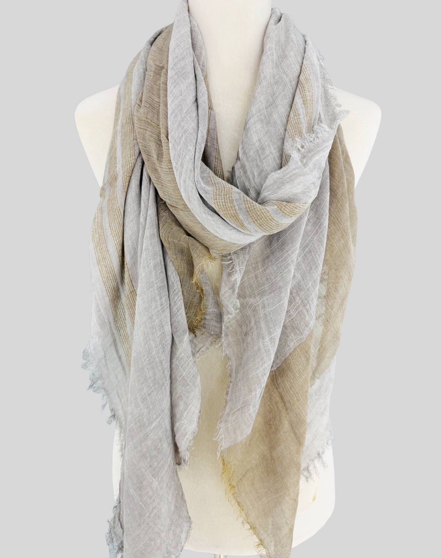JC Sunny Fashion - JC021038 Textured Gauze Scarf Shawl – Soft Washed Colorblock Wrap with Subtle Distressed Dye & Raw Fringe Edges