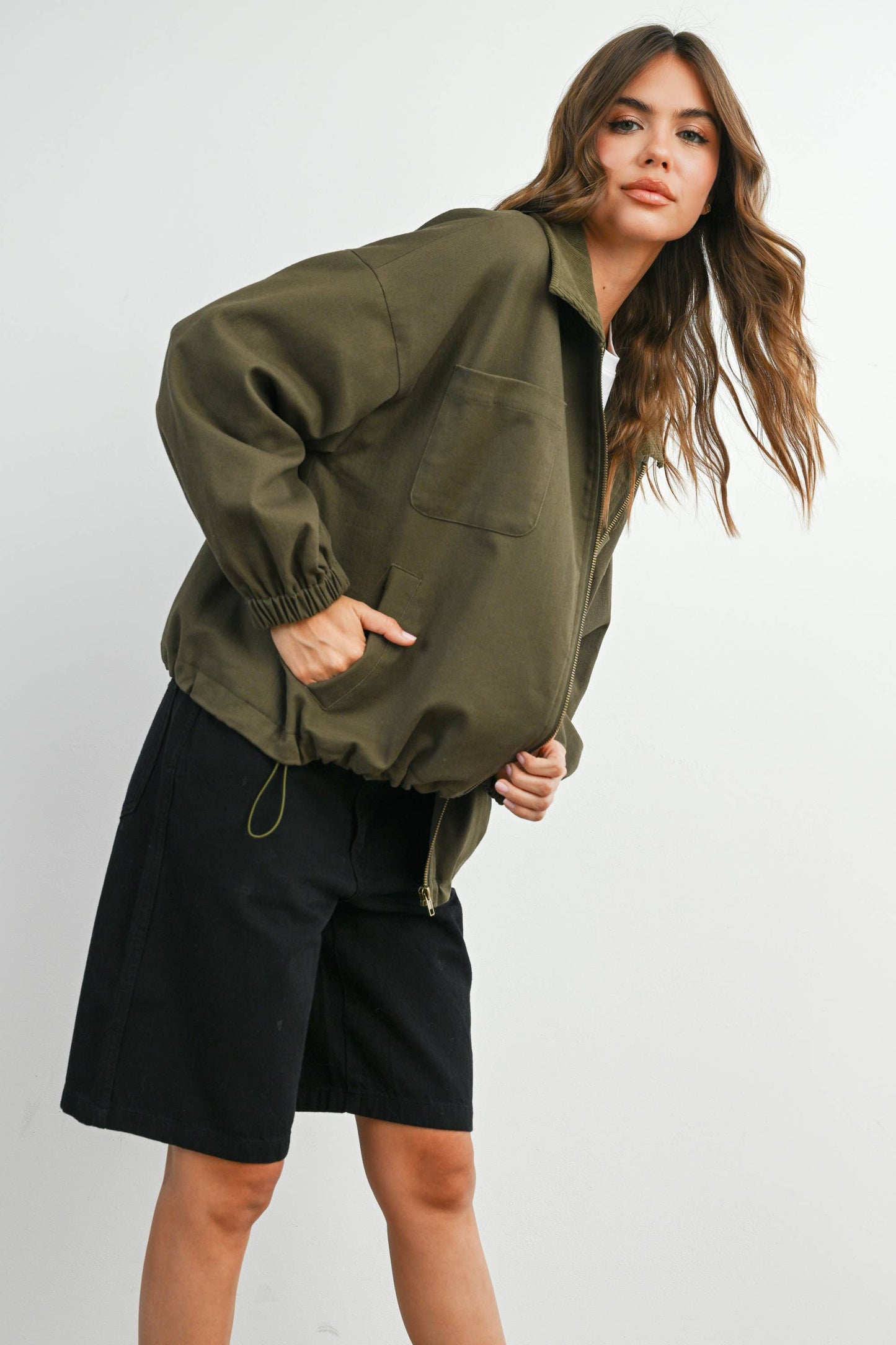 BUTTERMELON - Cord Collar Zip-Front Long Sleeve Jacket - BMJ7780
