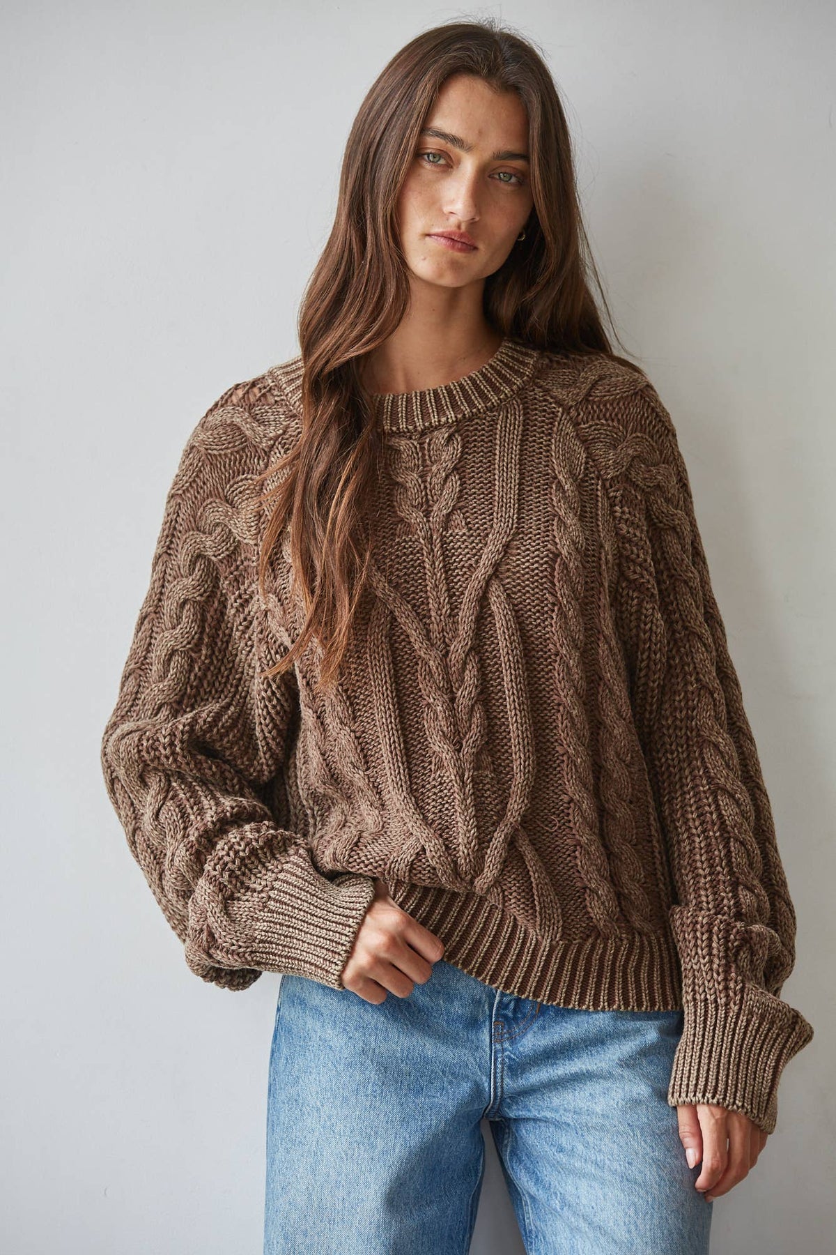 Knit Sweater Cotton Cable Knit Crew Neck Pullover - By Together