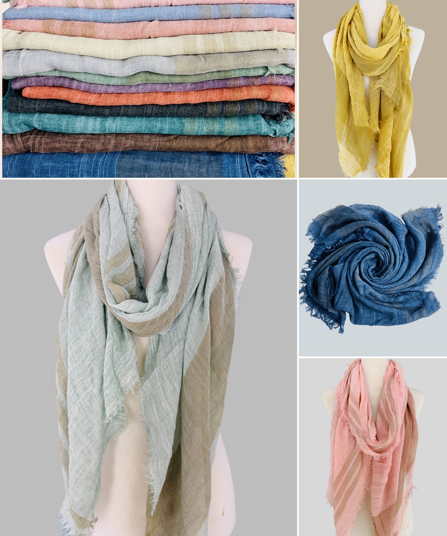 JC Sunny Fashion - JC021038 Textured Gauze Scarf Shawl – Soft Washed Colorblock Wrap with Subtle Distressed Dye & Raw Fringe Edges