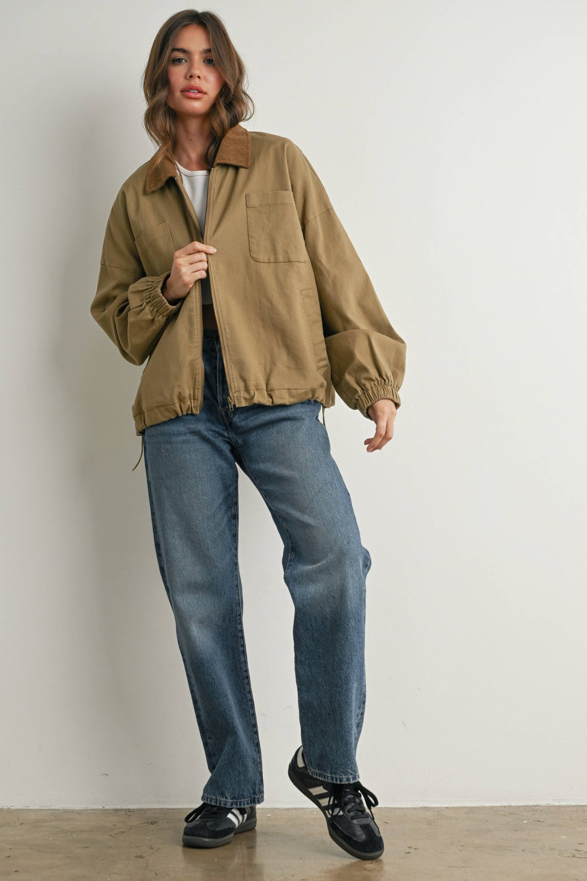BUTTERMELON - Cord Collar Zip-Front Long Sleeve Jacket - BMJ7780