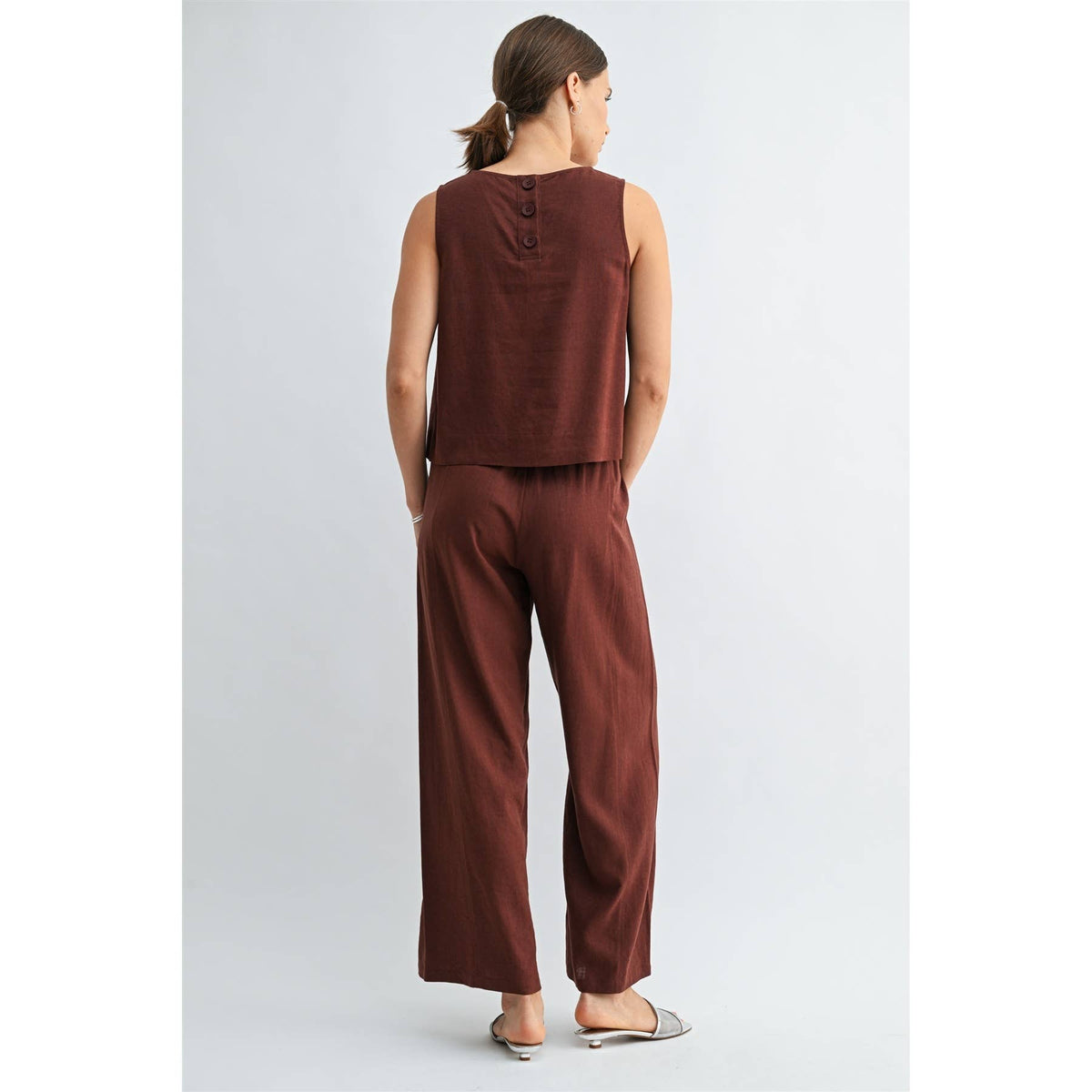 FUN2FUN - LINEN BLEND ELASTIC WAIST BUTTON FRONT PANTS