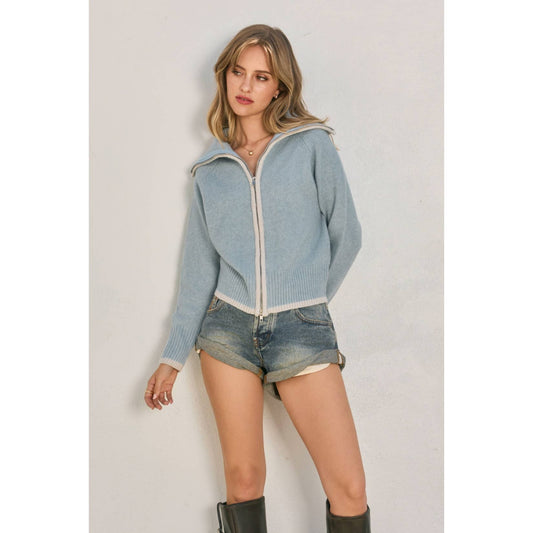 Sailor Collar Contrast Zip Up Cardigan