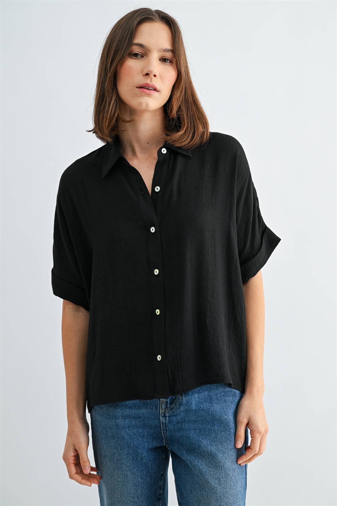 BUTTON DOWN DOLMAN SHORT SLEEVE TOP