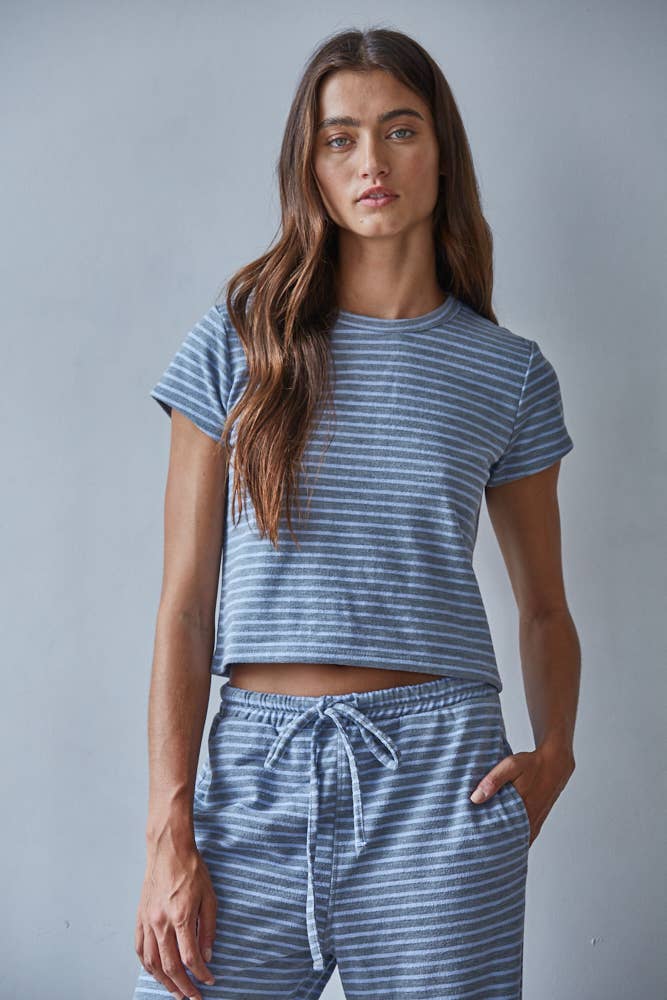 Knit Polyester Cotton Striped Short Sleeve Top - By Together