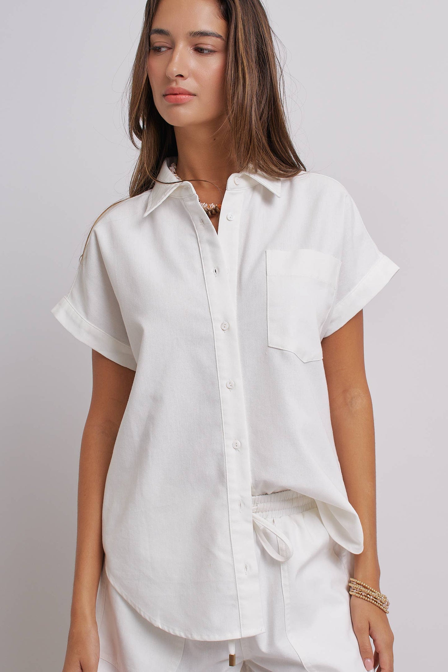Urban Daizy - Striped Linen Short Sleeve Button-Down Shirt
