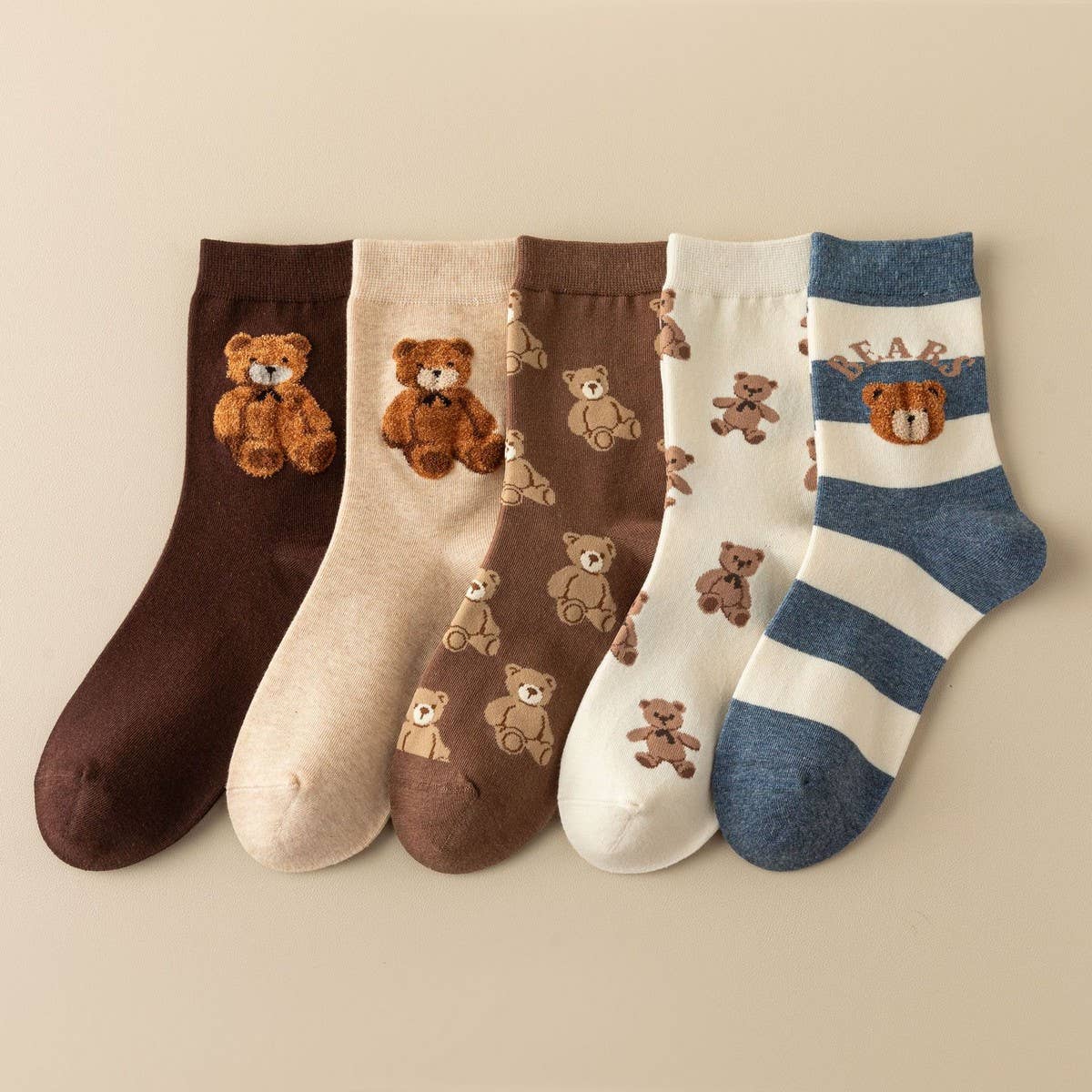WOMEN BROWN BEAR COTTON CREW SOCKS - NINEXIS
