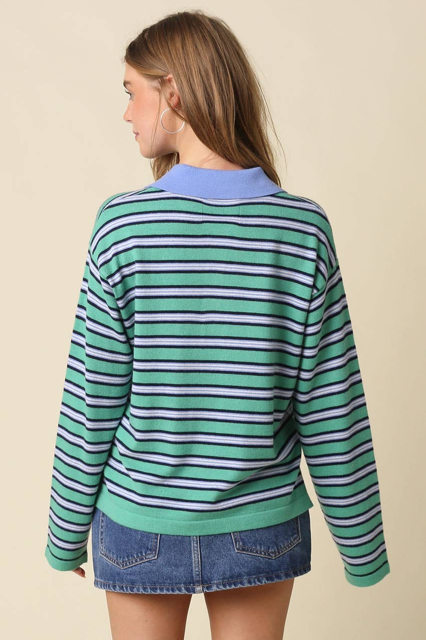 Lena Stripe Collared Knit Top - Olivaceous
